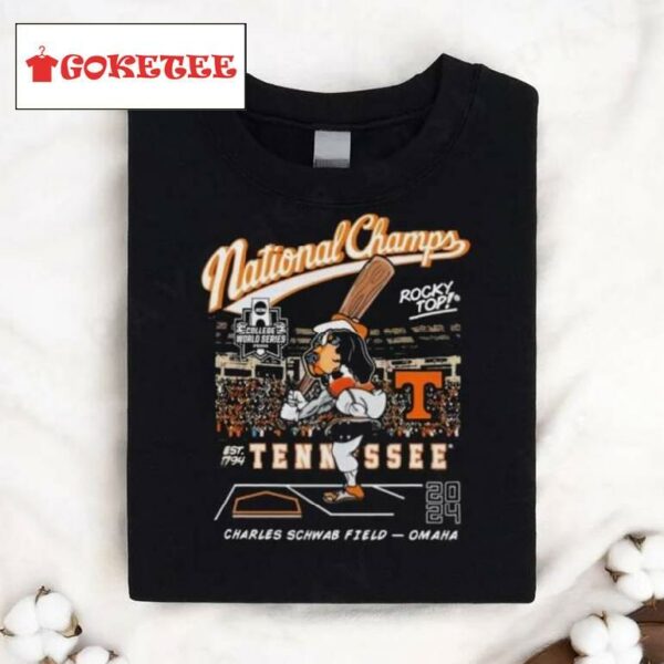 Tennessee Volunrs Ncaa D1 2024 Baseball College World Series National Champion Smokey Rocky Top Charles Schwab Field Omaha T Shirt